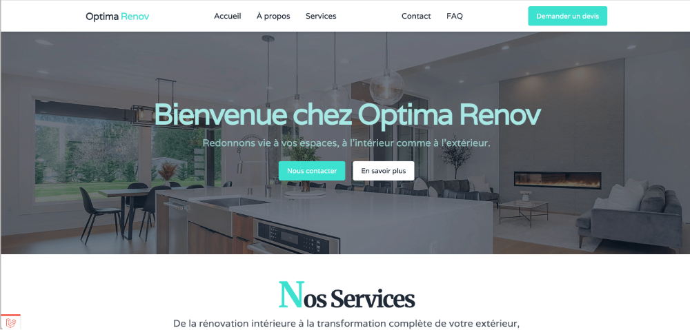 Aperçu du site web d'Optima Renov, une entreprise de rénovation intérieure et extérieure. Créé avec AE-Dev.